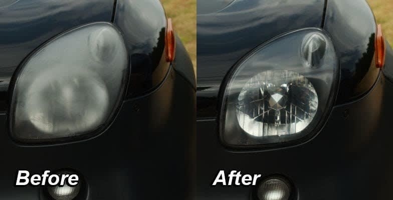 A before photo of a foggy headlight and an after photo of that same headlight that&#x27;s no longer foggy