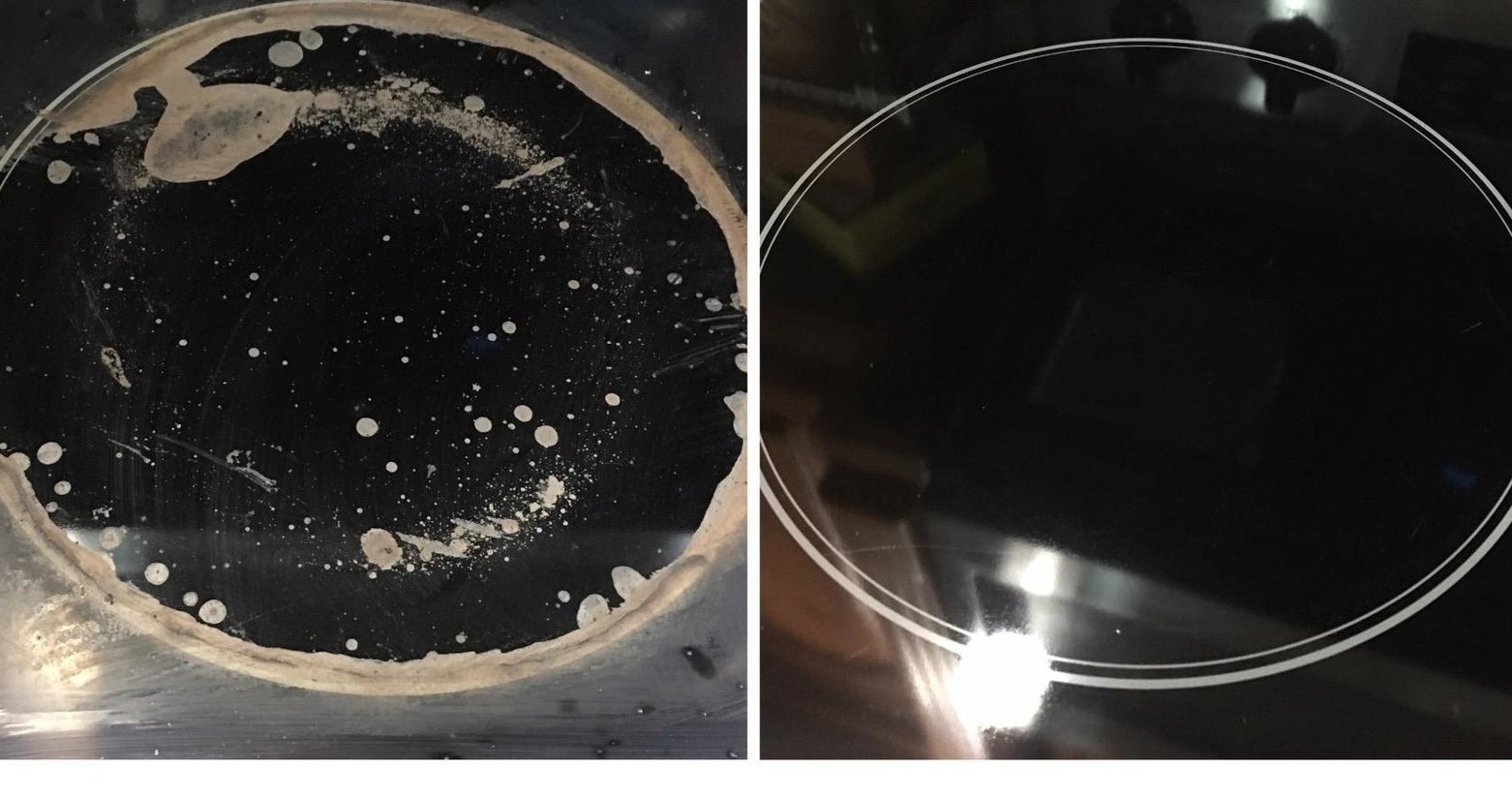 a reviewer&#x27;s before and after photo of a dirty cooktop that is now clean 