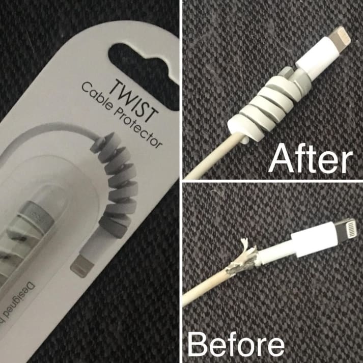 In the before photo, an iPhone charger with a frayed wire. In the after photo, the twist cable protector on the wire, with no sign of fraying