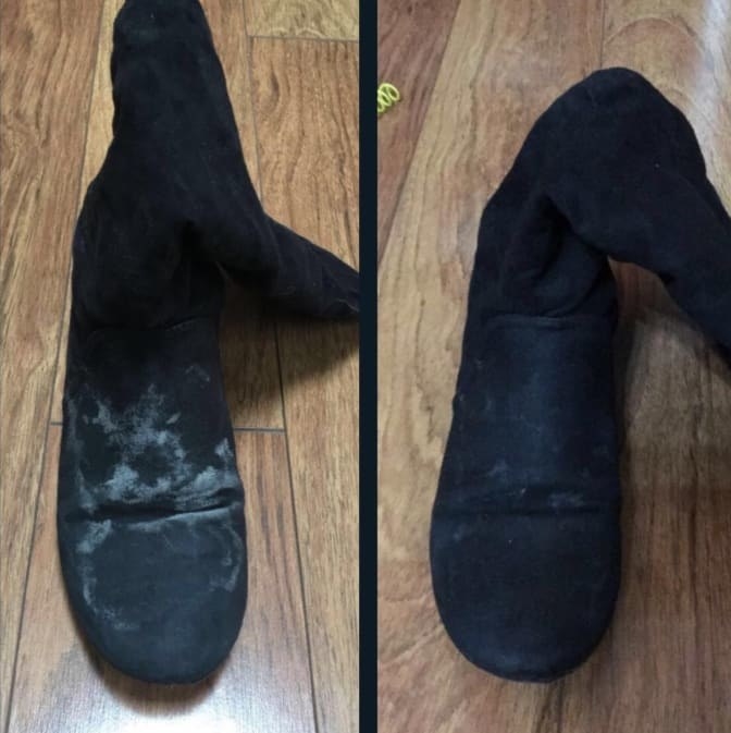 On the left, a boot with a white stain on it. On the right, the same boot with most of the white stain gone