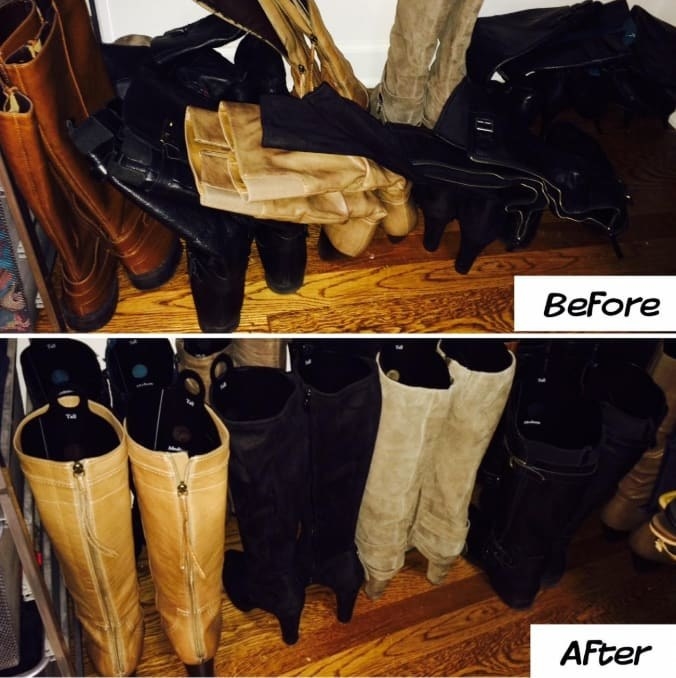 In the before photo, a row of tall boots leading against each other. In the after photo, the same row of boots standing up straight with the inserts inside