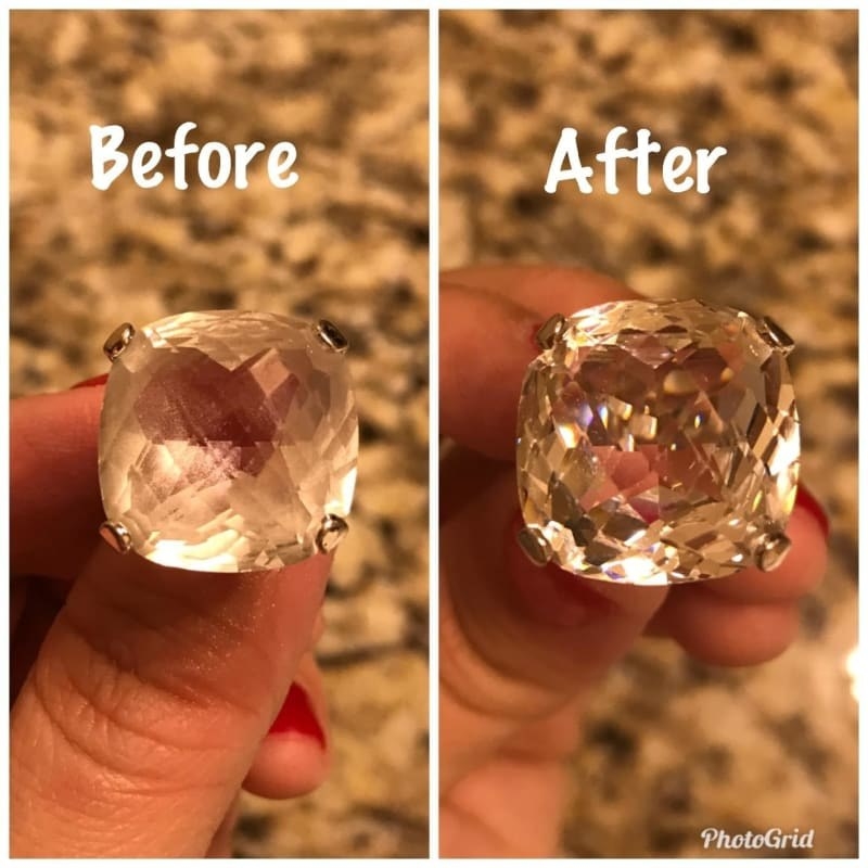 In the before picture, a fogged up diamond ring. In the after picture, the same ring, now shiny and clear 