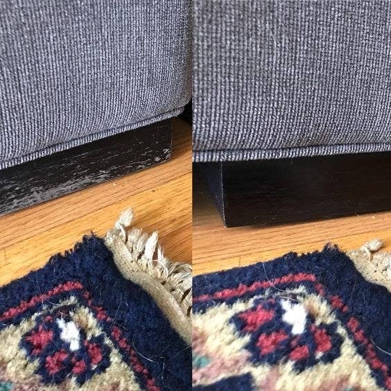 Reviewer's before picture of their couch leg with scratches, and after picture of their now scratch-free couch leg 