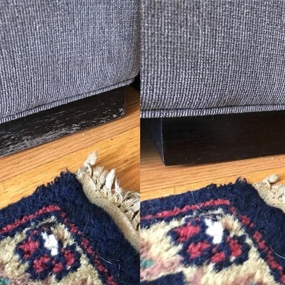 reviewer&#x27;s before-and-after of the wooden leg of a couch scratched up compared to all the scratches being covered 