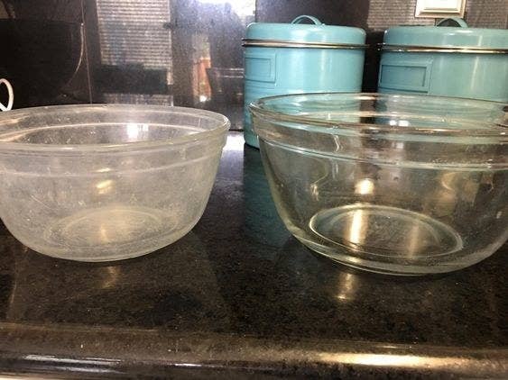 A reviewer's dirty dish before using Finish / A reviewer's clean dish after using Finish