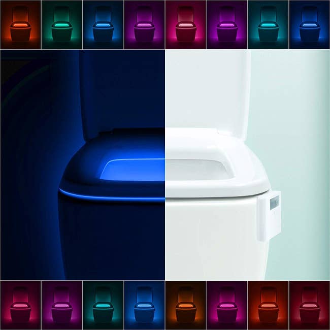 A collage of a toilet glowing all the different colors