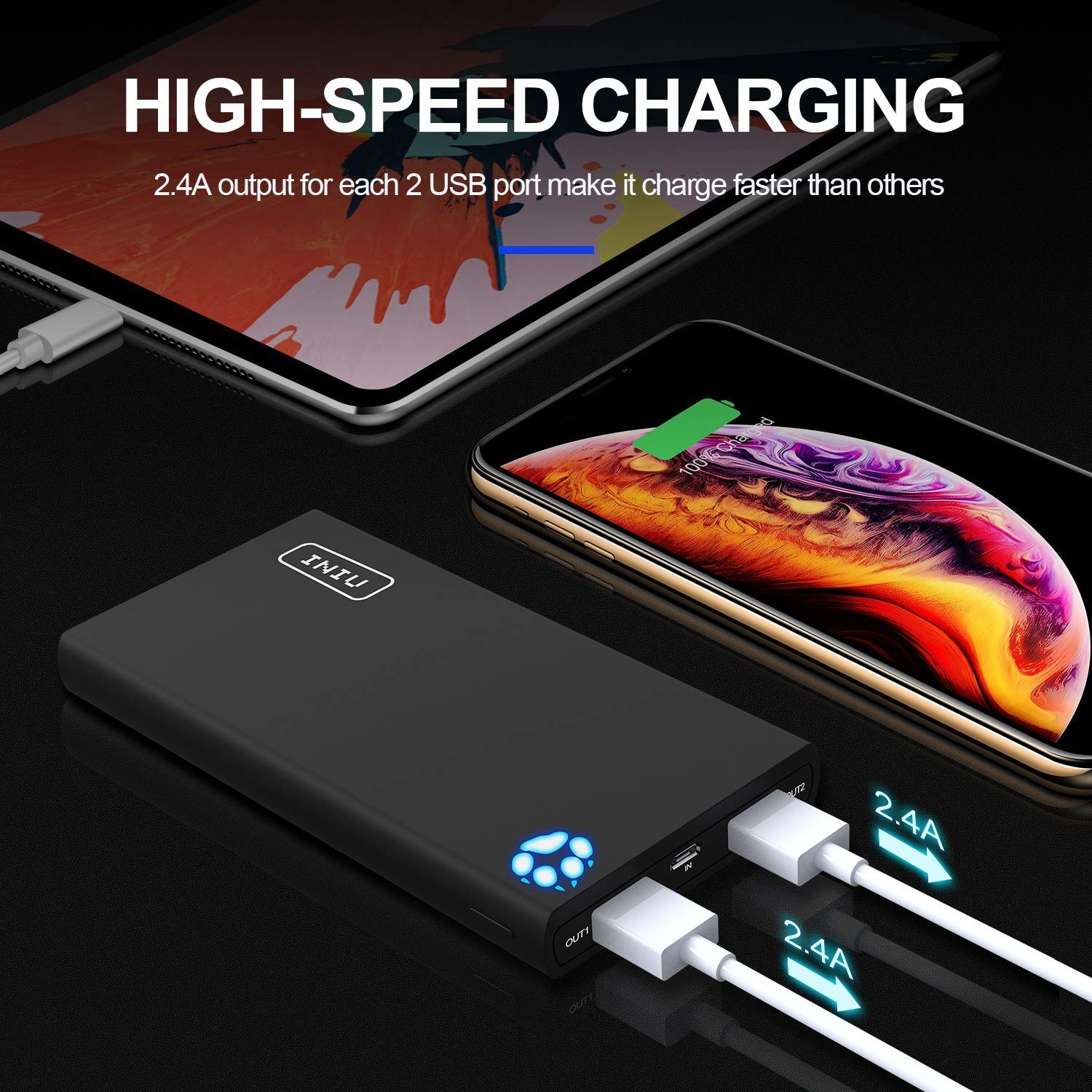 The charger with text &quot;high speed charging. 2.4A output for each USB port makes it charge faster&quot;