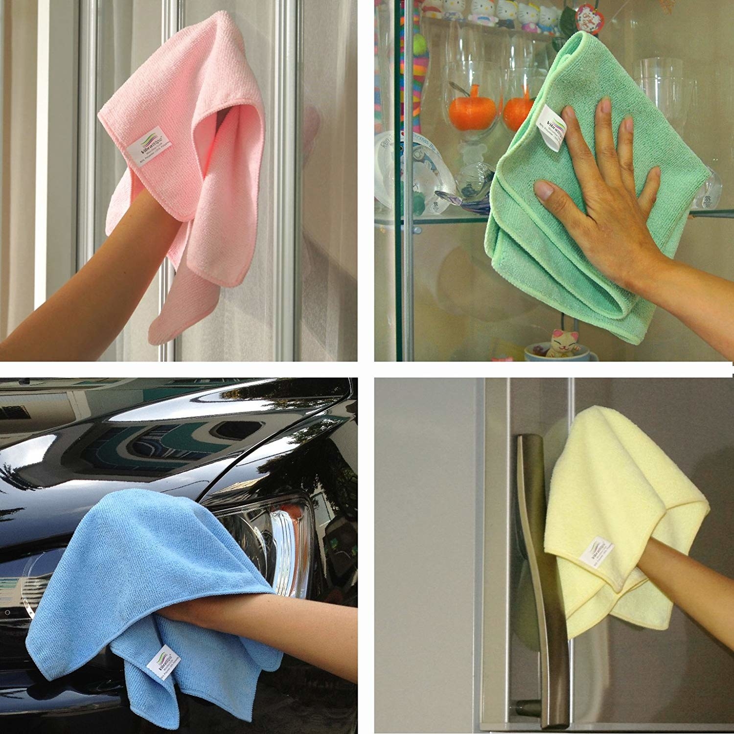 A collage showing the cloths being used on a car, fridge, and glass surface