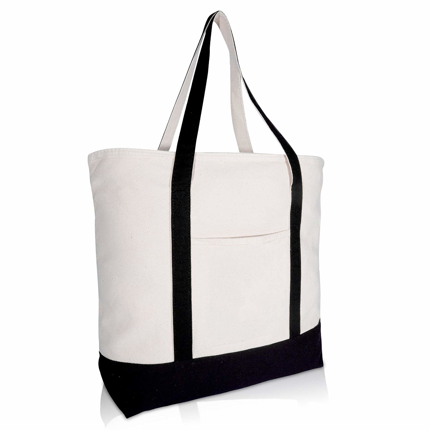 white tote with black bottom and handles and pocket on the outside