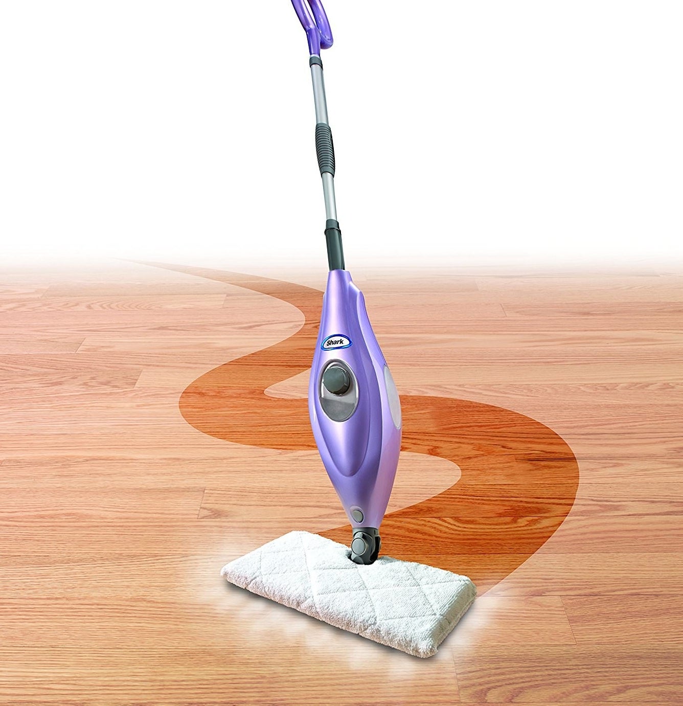 the heated steam mop with a cloth pad on it 