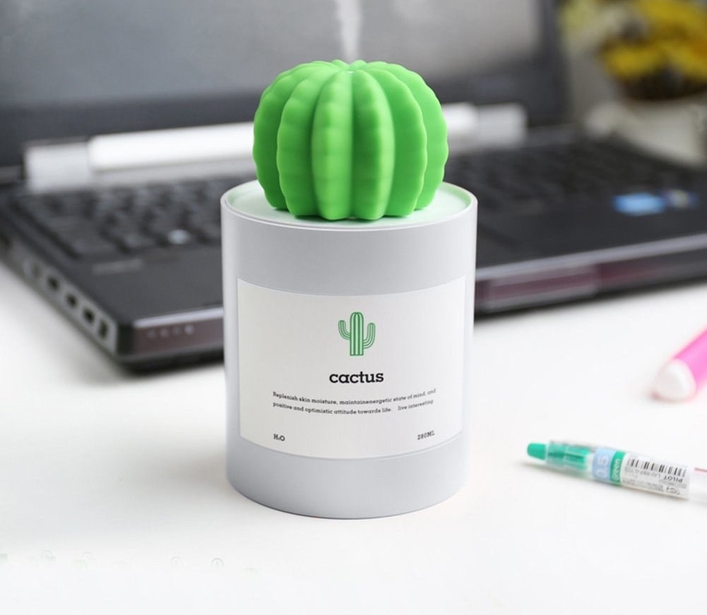 a close up of the cactus humidifier on a desk in front of a laptop