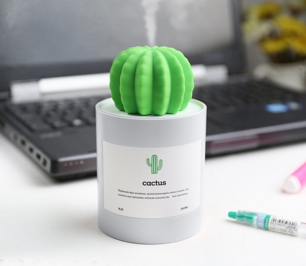 a close up of the cactus humidifier on a desk in front of a laptop