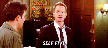 gif of Neil Patrick Harris in the TV show &quot;How I Met Your Mother&quot; clapping his hands together and saying &quot;Self five!&quot;