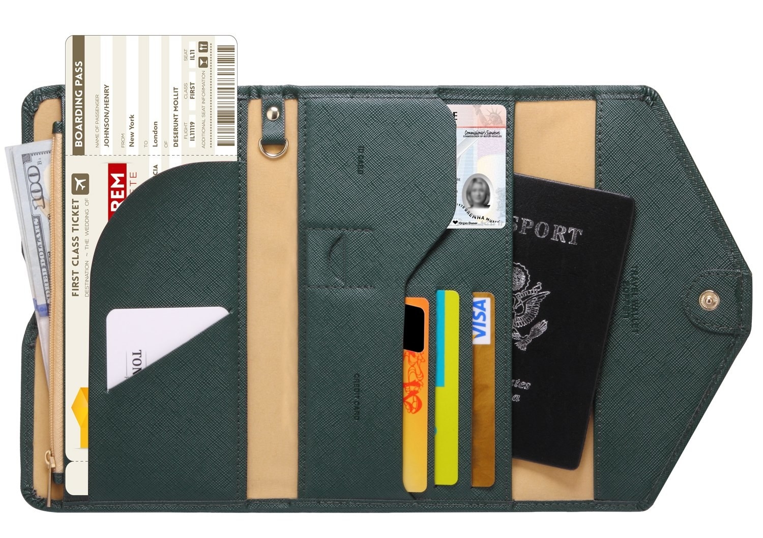large wallet with passport, credit cards, and more