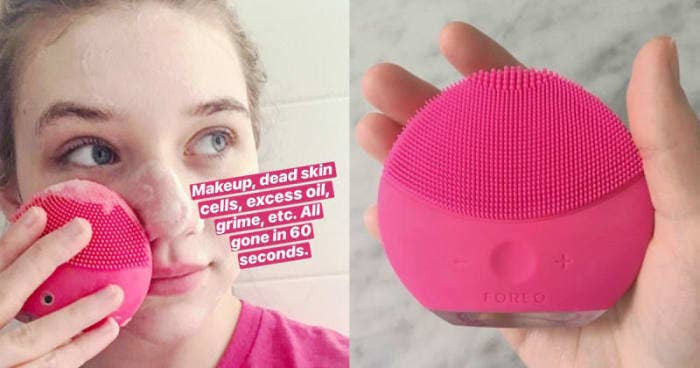 (left) BuzzFeed editor Maitland Quitmeyer with the Foreo on her face with the words &quot;Makeup, dead skin cells, excess oil, grim, etc. All gone in 60 seconds&quot; (right) Closeup of the hot pink brush, showing what the silicone brush looks like