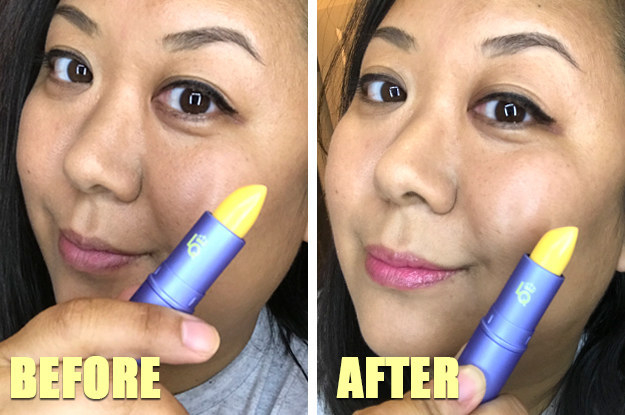 before/after photo of lipstick used to bring out a rosy tint in lips