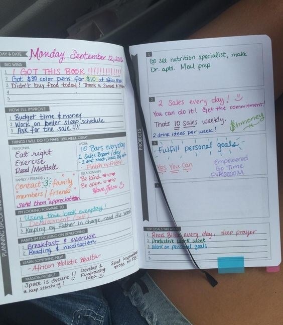 The planner open to a page with a variety of prompts as well as entries from the Reviewer