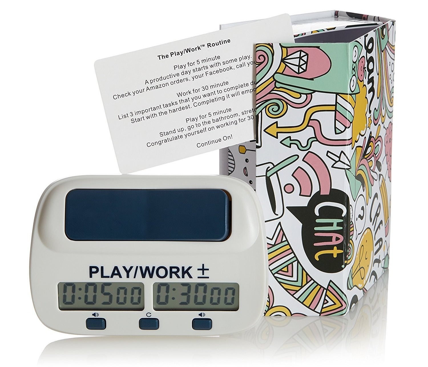 The timer sitting next to its packaging showing five minutes on the &quot;play&quot; side and 30 minutes on the &quot;work&quot; side