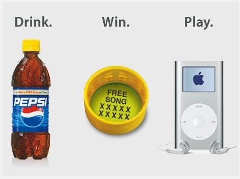 An ad featuring a Pepsi bottle with Drink written above it, a open bottle cap with &quot;Free Song&quot; written inside of it and Win written above it, and a silver iPod Mini with the word Play written above it.