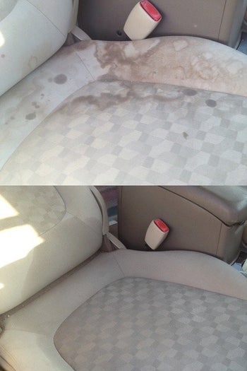 reviewer's before and after of a stain car seat which is now completely clean