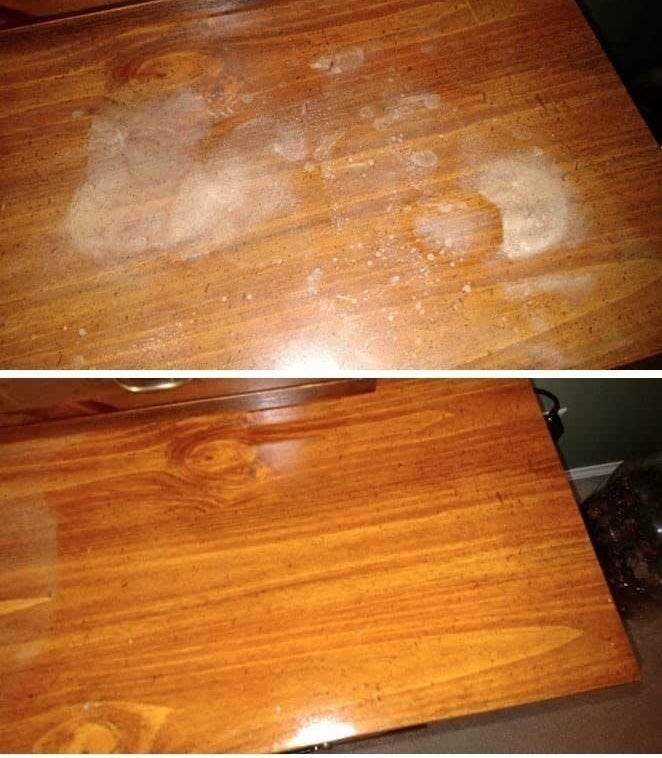 Two pics: a wood table covered in white heat and water stains, and the same table restored to its original finish with no staining 