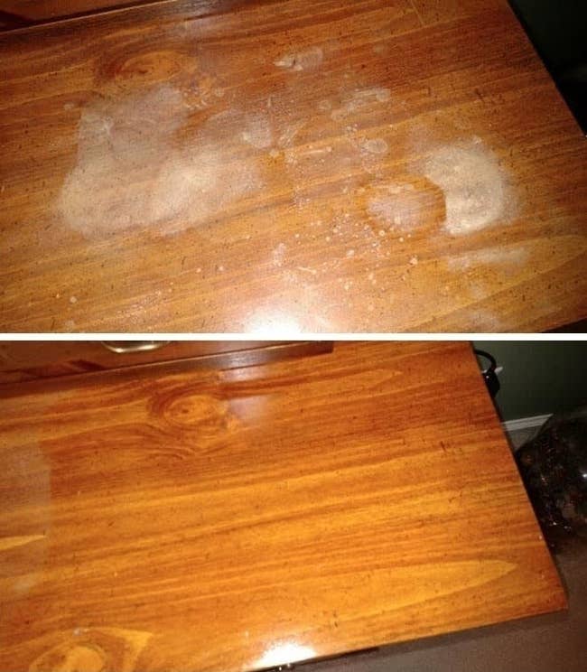 a reviewer's before and after photos which show a stained wooden dresser completely restored with polish