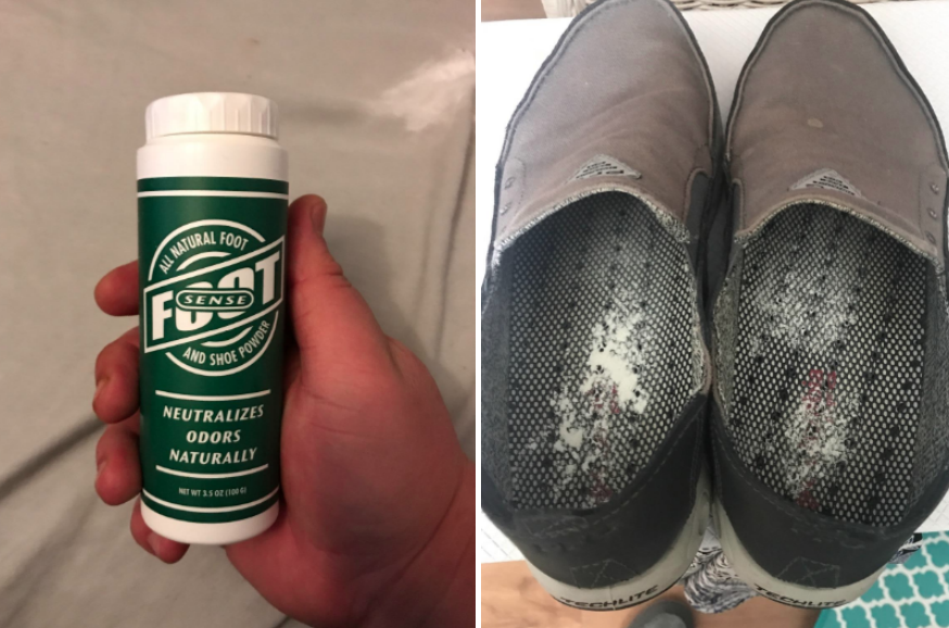 reviewer image of the Foot Sense powder applied in shoe