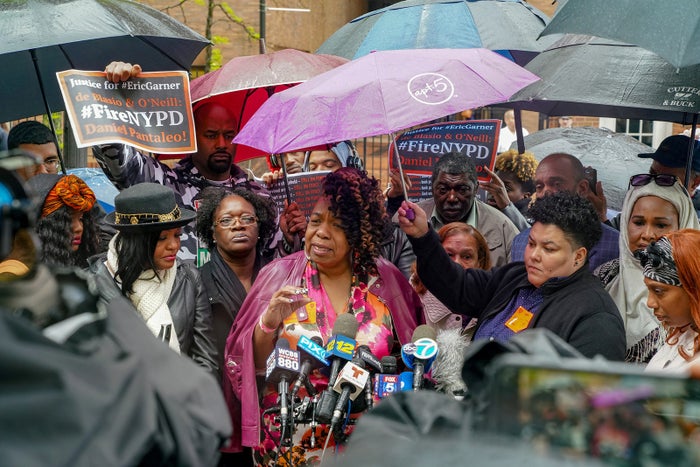 Gwen Carr, Eric Garner&amp;amp;#x27;s mother, speaks to the media during a break at the NYPD disciplinary trial of police officer Daniel Pantaleo in relation to Garner&amp;amp;#x27;s death, at 1 Police Plaza in Manhattan, May 13.