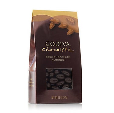 An 8.5 ounce bag of Godiva dark chocolate almonds