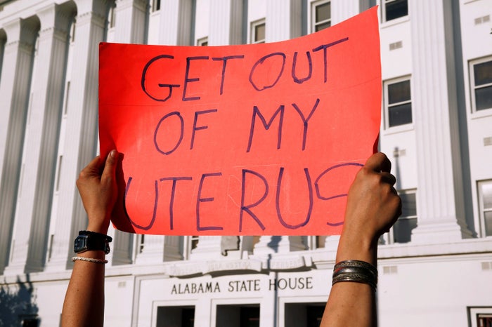 Abortion rights advocates protest as the Alabama Senate votes on the strictest anti-abortion bill in the United States, in front of the Alabama State House in Montgomery, May 14.