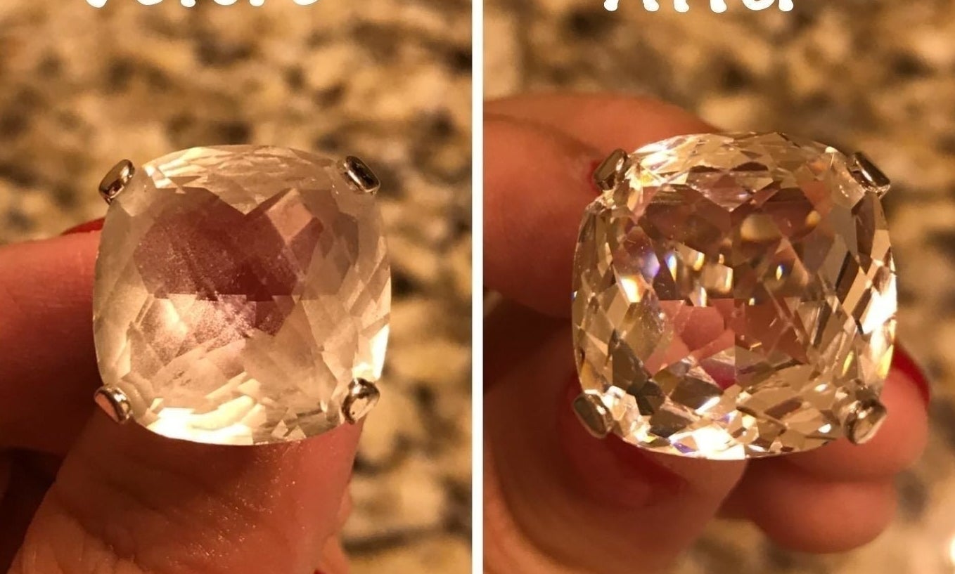 Two photos: a large crystal pendant, cloudy from regular wear. The same pendant, now clear, detailed, and sparkling