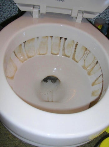 before photo of a reviewer's toilet with limestone and calcium buildup