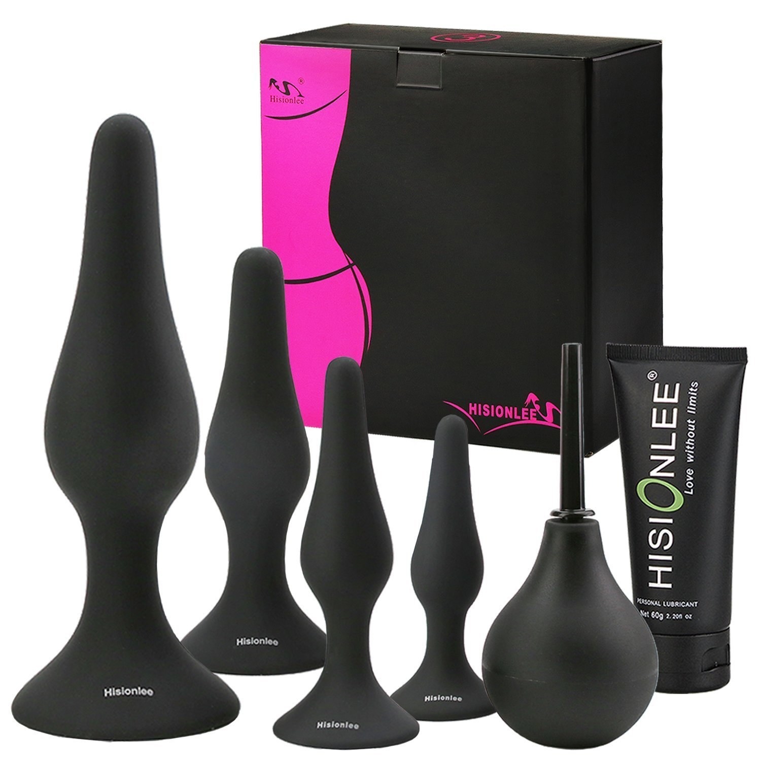the plug set with four different sized black toys and a bottle of lube