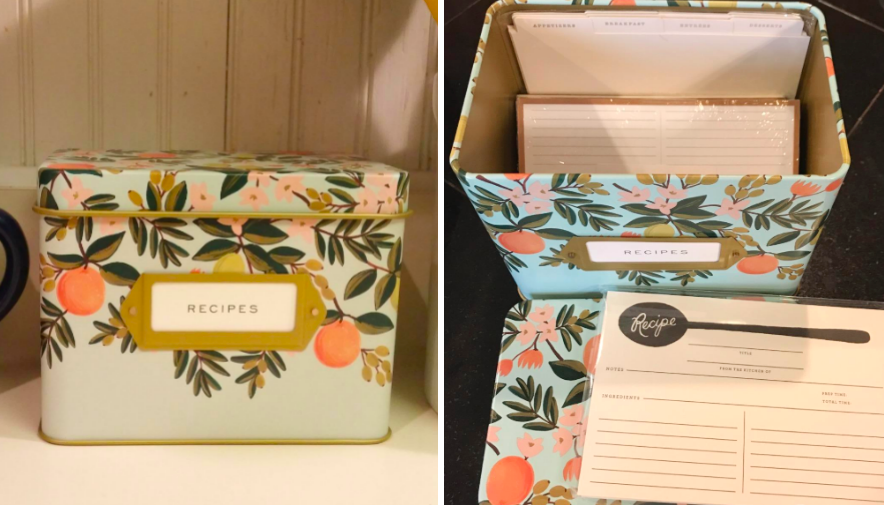 two images showing the recipe tin and then it opened with cards inside