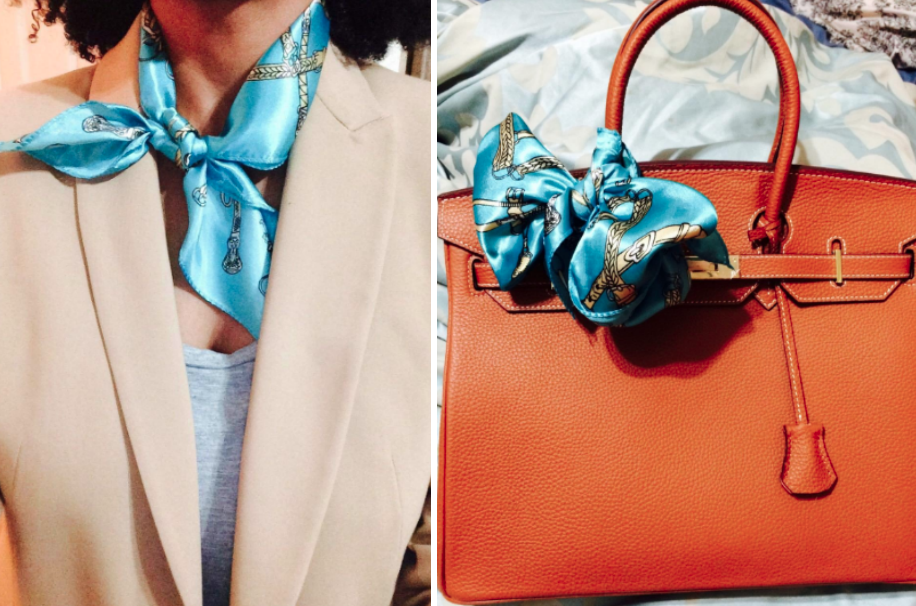 reviewer wearing it around neck with blazer, and another image of a purse with it tied around that