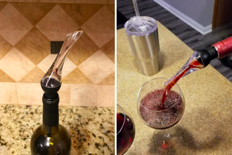 on left, clear aerator in bottle of red wine. on right, same aerator on a different bottle of wine pouring out red wine into circular glass