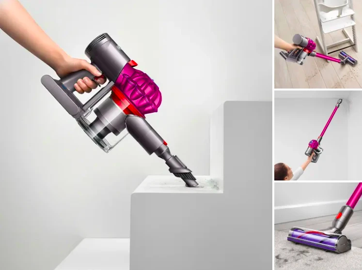 Vacuum with four different attachments cleaning corners of stairs, corners of ceiling, carpet, and wood floors 