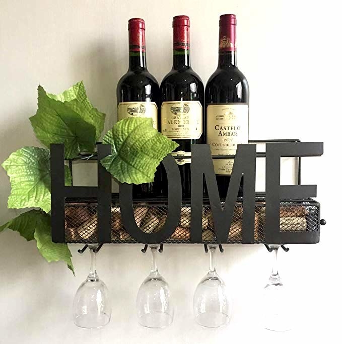 wine rack with &quot;HOME&quot; letters on front and a place for wine glasses to hang