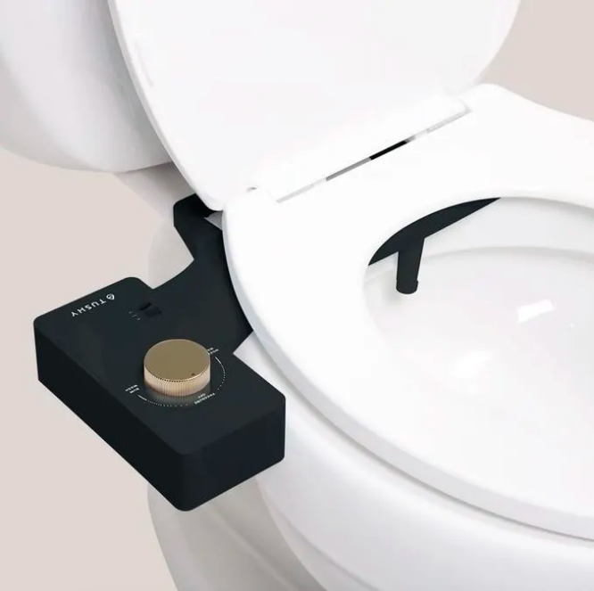 closeup of toilet seat with knob bidet attachment