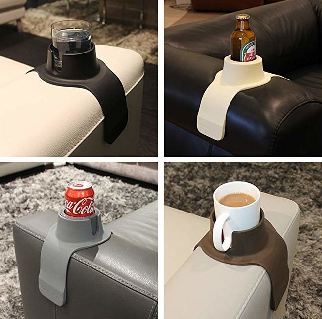 couch coaster resting over chair arm with drink inside