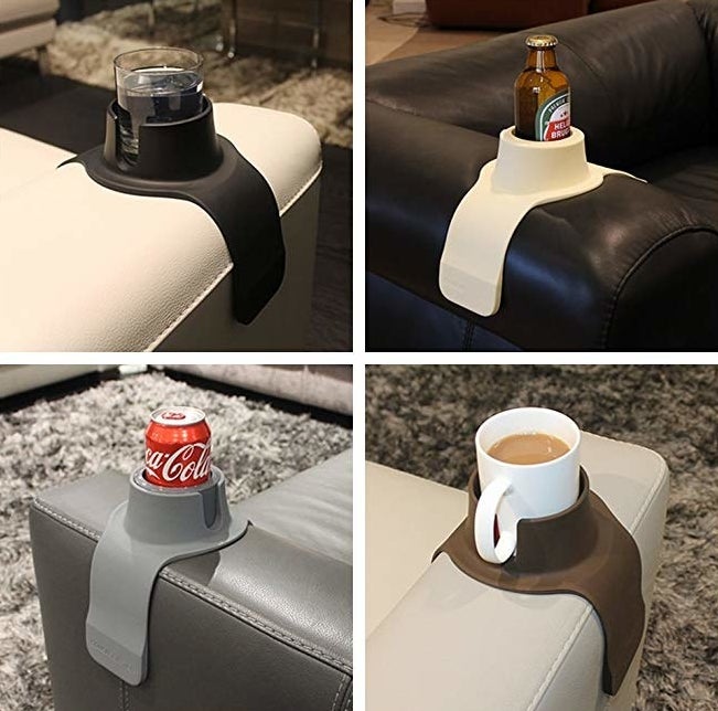 couch coaster resting over chair arm with drink inside