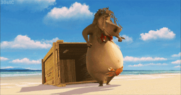 A gif of the hippo from the movie Madagascar stepping out of a crate in a lobster and starfish bikini