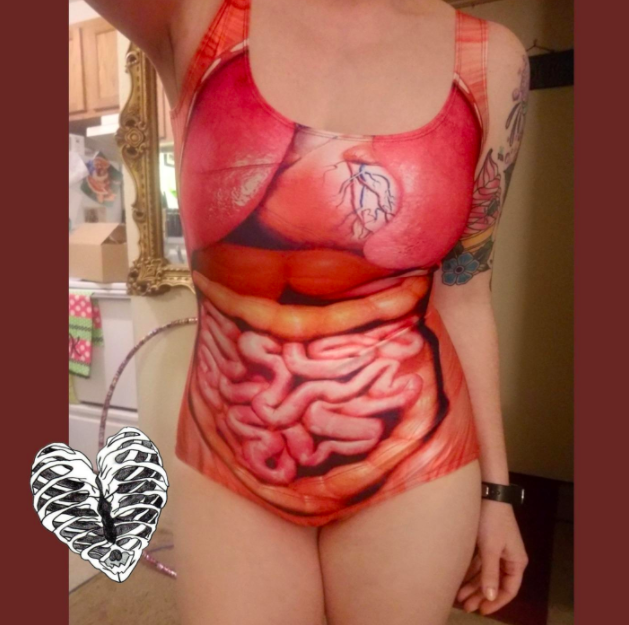 A customer review photo of them wearing the suit with the human organs print