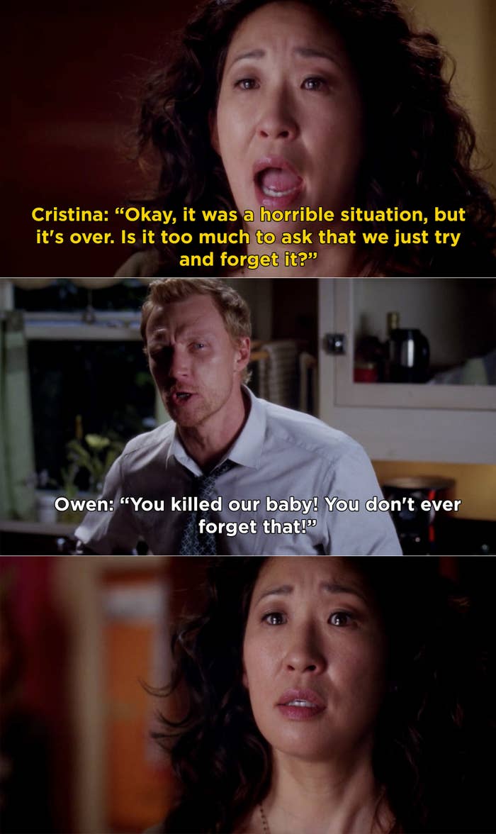 Two people in an emotional argument in a kitchen, with text expressing a tense and hurtful exchange about a past situation