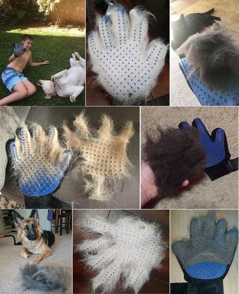 a collage of a reviewer using the grooming glove to groom their dog&#x27;s hair