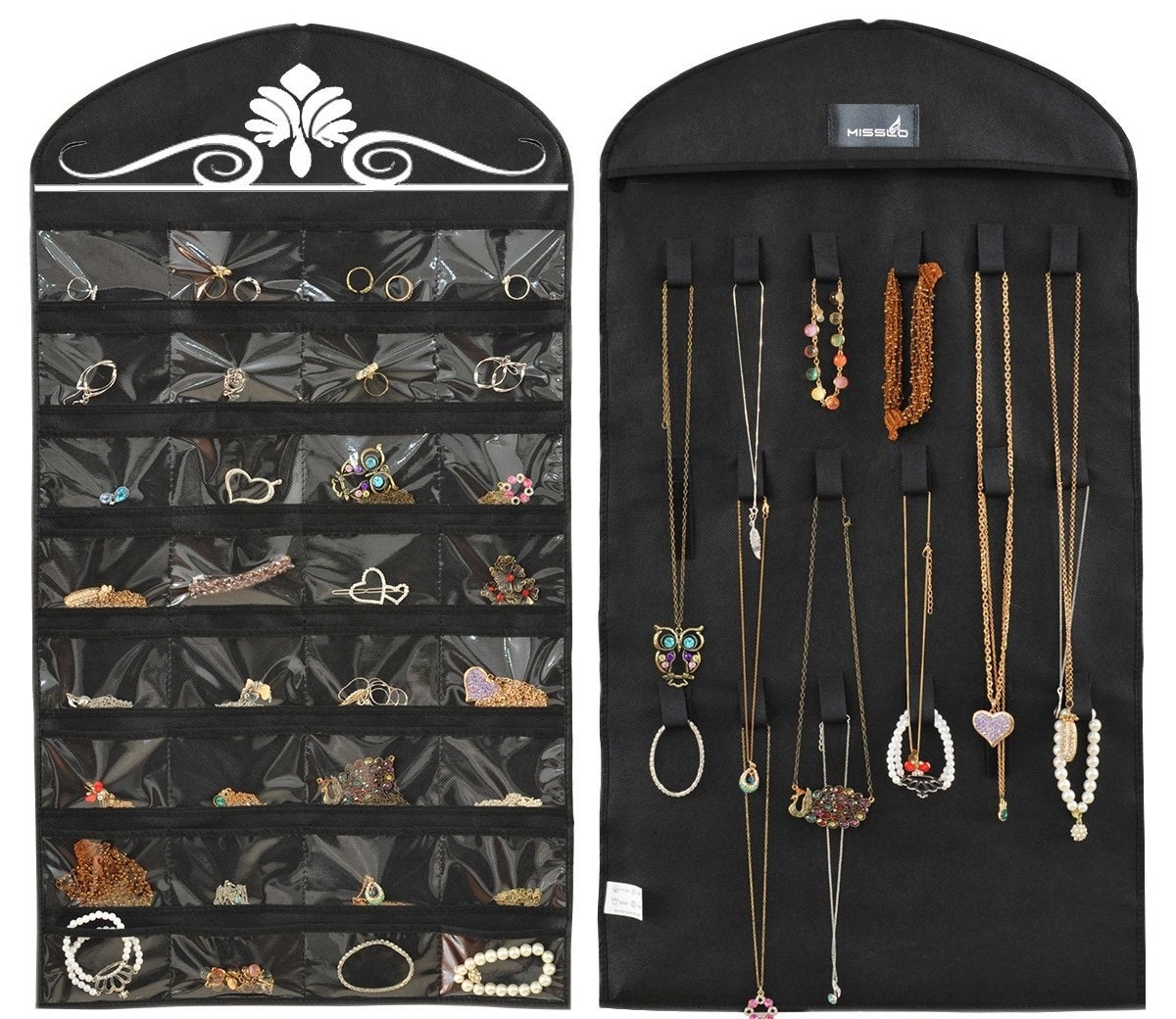 the black organizer holding various piece of jewelry