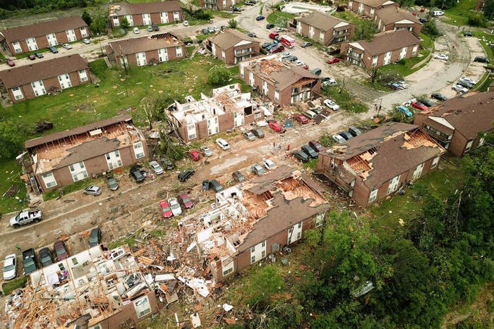 Debris from destroyed homes after a tornado touched down overnight in Jefferson City, Missouri, on May 23.