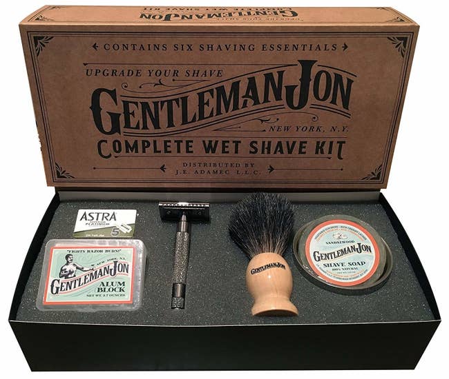 Gentleman Jon Complete Wet Shave Kit box with everything included in the box in front of it