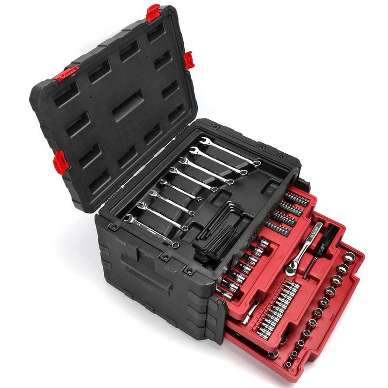It comes with 3 ratchets, 152 sockets, 4 extensions bars, 8 wrenches, 1 magnetic handle, 12 nut drivers, 96 screwdriver bits, 40 hex keys, and more. Price: 9.99