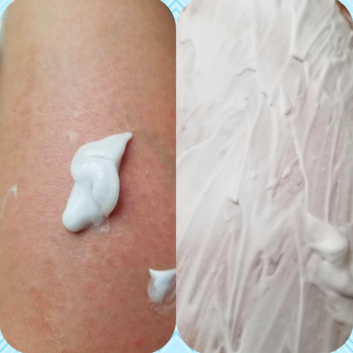 A customer review photo of a leg with a dollop of the shave gel and then with the shave gel spread out
